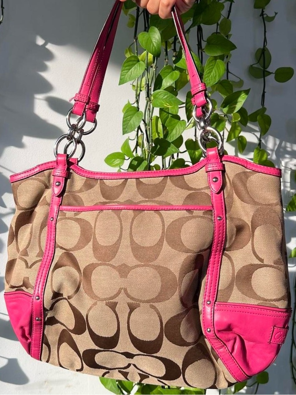 RARE Coach Pink-Trim Signature Canvas Tote